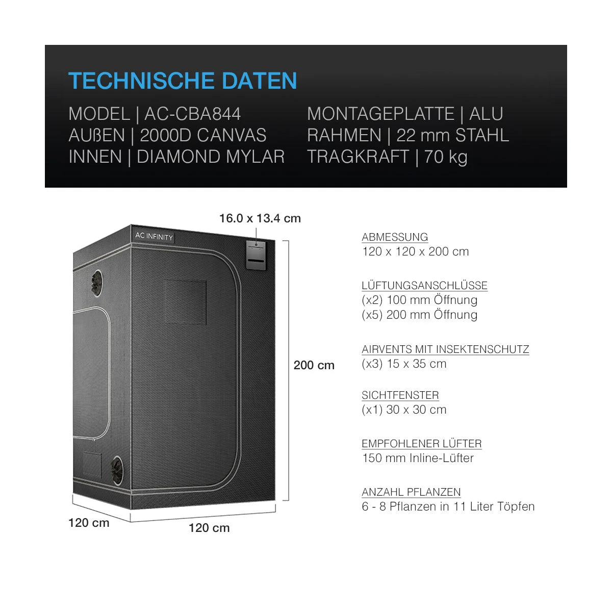 AC Infinity Grow Zelt 120 x 120 x 200 cm, 2000D Diamant Mylar Gewebe